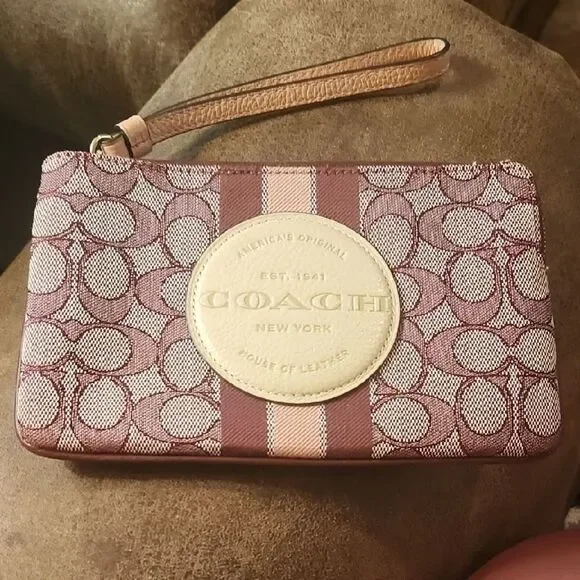 Coach Signature Pink and Tan Wristlet - Picture 1 of 4